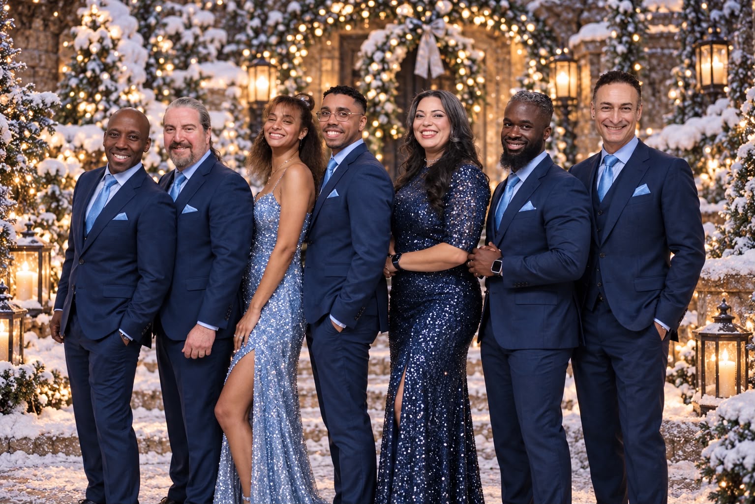 The Freddie James Project, seven band members in coordinated navy and silver stagewear
